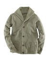 A warm shawl cardigan is updated in lightweight cotton fleece with cool military-inspired touches and a pretty, flounced hem.