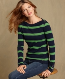 Get cozy with Tommy Hilfiger's cotton striped sweater. It's the perfect layering piece to transition to fall!