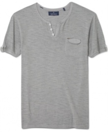 With a henley-style neck, this Buffalo David Bitton shirt cools down your fave style for the perfect layering piece. With a henley-style neck, this Buffalo David Bitton shirt cools down your fave style for the perfect layering piece.
