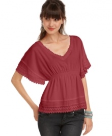 Zigzag lace trim adds a precious appeal to this pretty Ali & Kris top. Pair it with heavier denim bottoms for a balanced look! Zigzag lace trim adds a precious appeal to this pretty Ali & Kris top. Pair it with heavier denim bottoms for a balanced look!