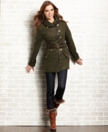 Attention! Enlist in fashion's chic army with this sleek, military-style coat that flaunts stately, faux-leather piping and an assembly of gold-tone buttons. From JJ Basics. Attention! Enlist in fashion's chic army with this sleek, military-style coat that flaunts stately, faux-leather piping and an assembly of gold-tone buttons. From JJ Basics.