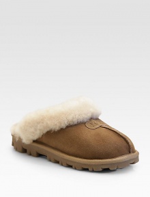 Pamper yourself with this luxe sheepskin slip-on, comfortably lined in plush shearling. Sheepskin upper Shearling lining Rubber sole ImportedOUR FIT MODEL RECOMMENDS ordering true whole size; ½ sizes should order the next whole size up.