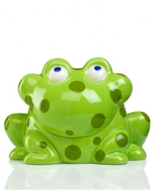 Just waiting to be fed, the Pitter Patter frog bank from Gorham sets his gaze on approaching nickels and dimes. Big spots in shades of green give it tons of personality that's fun for kids' rooms. Just waiting to be fed, the Pitter Patter frog bank from Gorham sets his gaze on approaching nickels and dimes. Big spots in shades of green give it tons of personality that's fun for kids' rooms.