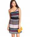 Commit to style that pops! Stripes rule on a totally colorful, one-shoulder dress day dress from BeBop.