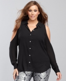 Not your average shirt, INC's plus size version features sparkling rhinestone buttons and alluring shoulder cutouts!