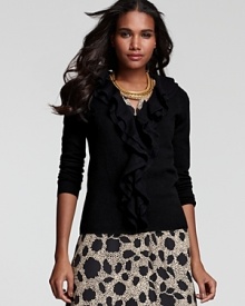 Flirtatious ruffles cascade down the front of this cardigan from C by Bloomingdale's for everyday, feminine style. Flirtatious ruffles cascade down the front of this cardigan from C by Bloomingdale's for everyday, feminine style.