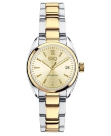 Timeless design by ESQ by Movado. This watch features a two-tone stainless steel bracelet and round case. Champagne dial with goldtone stick indices, logo and date window. Quartz movement. Water resistant to 30 meters. Two-year limited warranty. Timeless design by ESQ by Movado. This watch features a two-tone stainless steel bracelet and round case. Champagne dial with goldtone stick indices, logo and date window. Quartz movement. Water resistant to 30 meters. Two-year limited warranty.