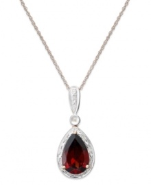 Crimson perfection. A pear-cut garnet (3 ct. t.w.) is the focal point amongst a ring of sparkling diamond accents. Necklace crafted in 14k rose gold. Approximate length: 18 inches. Approximate drop: 1 inch. Crimson perfection. A pear-cut garnet (3 ct. t.w.) is the focal point amongst a ring of sparkling diamond accents. Necklace crafted in 14k rose gold. Approximate length: 18 inches. Approximate drop: 1 inch.