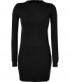 Elegant and minimalist, Vanessa Brunos black knit dress is a must for contemporary-cool desk to dinner looks - Rounded neckline, long sleeves, ribbed trim, contrast knit top, ribbed knit skirt - Form-fitting - Pair with nude accessories and statement printed pumps