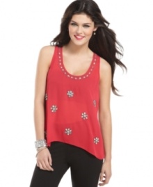Flaunt your love of glitz in this top from Rampage that sports floral rhinestone accents and a scoop neck lined in bling! Flaunt your love of glitz in this top from Rampage that sports floral rhinestone accents and a scoop neck lined in bling!
