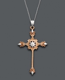 Show your devotion in intricate design. This unique pendant features an exquisitely crafted two tone cross in 14k white gold and 14k rose gold. Approximate length: 18 inches. Approximate drop: 1-3/4 inches. Show your devotion in intricate design. This unique pendant features an exquisitely crafted two tone cross in 14k white gold and 14k rose gold. Approximate length: 18 inches. Approximate drop: 1-3/4 inches.