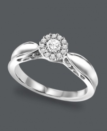 The perfect proposal. This exquisite diamond engagement ring highlights several round-cut diamonds (1/4 ct. t.w.) in a sparkling circular pattern. Crafted in a polished sterling silver band with tapered edges. Sizes 5-8. The perfect proposal. This exquisite diamond engagement ring highlights several round-cut diamonds (1/4 ct. t.w.) in a sparkling circular pattern. Crafted in a polished sterling silver band with tapered edges. Sizes 5-8.