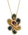 Colorful and detailed, Le Vian's vibrant flower pendant features round-cut white diamonds (3/4 ct. t.w.), red diamonds (1/5 ct. t.w.), blue diamonds (3/8 ct. t.w.), yellow diamonds (3/8 ct. t.w.) and green diamonds (3/8 ct. t.w.). Set in 14k gold. Approximate length: 18 inches. Approximate drop: 1-1/2 inches.