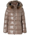 Stay warm while maintaining your impeccable style in this lightweight yet luxe down jacket from Duvetica - Fur-lined hood, front two-way zip closure, long sleeves, zip pockets, quilted - Modern straight fit - Wear with knit pullovers, jeans and weather boots