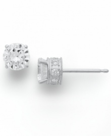Diamond stud earrings have never sparkled so bright. This unique style features a round-cut diamond at center with a row of round-cut diamonds in the post (1 ct. t.w.). Four-prong setting crafted in 14k white gold. Approximate diameter: 4-1/10 mm. Diamond stud earrings have never sparkled so bright. This unique style features a round-cut diamond at center with a row of round-cut diamonds in the post (1 ct. t.w.). Four-prong setting crafted in 14k white gold. Approximate diameter: 4-1/10 mm.