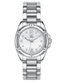 Diamond accents and mother-of-pearl elevate this fine watch by ESQ by Movado from everyday to formal with seamless ease. Stainless steel bracelet and round case. Mother-of-pearl dial features diamond accent markers, numeral at twelve o'clock, date window at six o'clock, luminous hands and logo. Quartz movement. Water resistant to 100 meters. Two-year limited warranty. Diamond accents and mother-of-pearl elevate this fine watch by ESQ by Movado from everyday to formal with seamless ease. Stainless steel bracelet and round case. Mother-of-pearl dial features diamond accent markers, numeral at twelve o'clock, date window at six o'clock, luminous hands and logo. Quartz movement. Water resistant to 100 meters. Two-year limited warranty.