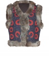 Inject a luxe edge into your worldly wardrobe with Antik Batiks textural embroidered vest, detailed with taupe rabbit fur trim for an exquisitely chic finish - Collarless V-neckline, hidden front hook closures - Contemporary cropped, straight fit - Pair with leather leggings and impossibly cool accessories