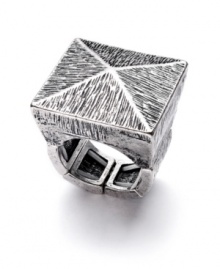 When style and geometry combine, it's easy to shape up your look! Bar III's edgy statement ring features a chic pyramid shape, textured surface, and stretch design. Crafted in burnished silver tone mixed metal. When style and geometry combine, it's easy to shape up your look! Bar III's edgy statement ring features a chic pyramid shape, textured surface, and stretch design. Crafted in burnished silver tone mixed metal.