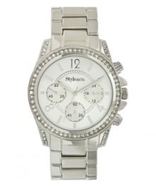 There's always a reason to sparkle. Watch by Style&co. crafted of silver tone mixed metal bracelet and round case. Bezel embellished with crystal accents. Silver tone dial features applied numerals and stick indices, three multifunctional subdials, three hands and logo. Quartz movement. Splash resistant. Two-year limited warranty. There's always a reason to sparkle. Watch by Style&co. crafted of silver tone mixed metal bracelet and round case. Bezel embellished with crystal accents. Silver tone dial features applied numerals and stick indices, three multifunctional subdials, three hands and logo. Quartz movement. Splash resistant. Two-year limited warranty.