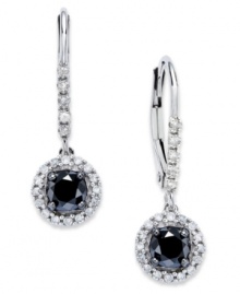 Punctuate your style with poignant drops. Round-cut black (3/4 ct. t.w.) and white diamonds (1/4 ct. t.w.) adorn these lovely circular drop earrings. Crafted in 14k white gold with a lever backing. Approximate drop: 1/2 inch. Punctuate your style with poignant drops. Round-cut black (3/4 ct. t.w.) and white diamonds (1/4 ct. t.w.) adorn these lovely circular drop earrings. Crafted in 14k white gold with a lever backing. Approximate drop: 1/2 inch.