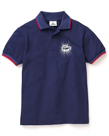 Lacoste's classic polo gets an eye-catching update with striped edges and a bright starburst crocodile logo. Lacoste's classic polo gets an eye-catching update with striped edges and a bright starburst crocodile logo.