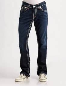 Bold, white topstitching contrasts flawlessly with this deep-denim style.Button closureZip flyFive-pocket styleBelt loopsContrast stitchingInseam, about 34CottonMachine washMade in USA Bold, white topstitching contrasts flawlessly with this deep-denim style.Button closureZip flyFive-pocket styleBelt loopsContrast stitchingInseam, about 34CottonMachine washMade in USA