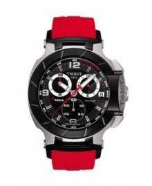 A serious watch for the sport enthusiast, Tissot's T-Race hits the mark. Red rubber strap and round stainless steel case. Black chronograph dial features tachymeter scale at outer rim, three subdials, numerals at twelve, six and nine o'clock, stick indices, magnified date window at three o'clock, logo and red accents. Swiss movement. Water resistant to 100 meters. Two-year limited warranty.