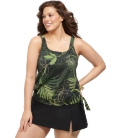 With a blouson style this plus size Swim Solutions tankini top is both figure flattering & feminine. The lush floral print turns a dip in the pool into a tropical getaway! With a blouson style this plus size Swim Solutions tankini top is both figure flattering & feminine. The lush floral print turns a dip in the pool into a tropical getaway!