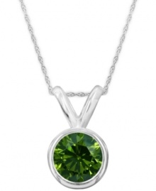 Burst onto the style scene. A round-cut, bezel-set green diamond (1 ct. t.w.) shines in a luminous 14k white gold setting. Approximate length: 18 inches. Approximate drop: 1/2 inch. Burst onto the style scene. A round-cut, bezel-set green diamond (1 ct. t.w.) shines in a luminous 14k white gold setting. Approximate length: 18 inches. Approximate drop: 1/2 inch.
