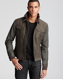 With bomber details at the collar and cuff, this double-layer denim jacket keeps your look cool, calm and collected on every level. With bomber details at the collar and cuff, this double-layer denim jacket keeps your look cool, calm and collected on every level.
