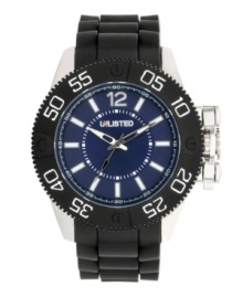 Suit up and head out with this athletic watch by Unlisted on your arm. Black polyurethane strap and round silver tone mixed metal case. Black turning bezel with lugs and white numerals. Blue dial features numeral at twelve o'clock, stick indices, luminous hands and logo. Quartz movement. Splash resistant. Two-year limited warranty.