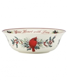 Perfect for serving holiday sides, this Lenox Winter Greetings bowl combines everything that's beautiful about the season in fine ivory porcelain. With the words, fill your home with joy, your heart with love, it also makes a thoughtful gift. Perfect for serving holiday sides, this Lenox Winter Greetings bowl combines everything that's beautiful about the season in fine ivory porcelain. With the words, fill your home with joy, your heart with love, it also makes a thoughtful gift.