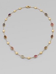 Beautiful sapphires in a multitude of colors set in radiant, hand engraved, 18k gold on a delicate link chain. Multi-color sapphires18k goldLength, about 18Lobster clasp closureMade in Italy Beautiful sapphires in a multitude of colors set in radiant, hand engraved, 18k gold on a delicate link chain. Multi-color sapphires18k goldLength, about 18Lobster clasp closureMade in Italy