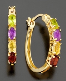 Color your look with elegance. These beautiful 14k gold earrings feature round-cut African amethyst (1/3 ct. t.w.), round-cut citrine (1/3 ct. t.w.), round-cut peridot (1/3 ct. t.w.) and round-cut garnet (1/2 ct. t.w.). Approximate drop: 1/4 inch. Color your look with elegance. These beautiful 14k gold earrings feature round-cut African amethyst (1/3 ct. t.w.), round-cut citrine (1/3 ct. t.w.), round-cut peridot (1/3 ct. t.w.) and round-cut garnet (1/2 ct. t.w.). Approximate drop: 1/4 inch.