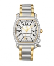 Decadent details accent the curves of this Dalton watch by Juicy Couture. Two-tone stainless steel bracelet and tonneau case with iconic crown charm. Bezel crystallized with Swarovski elements at left and right. Silver tone dial features black numerals at markers, minute track, heart-shaped date window at six o'clock, three gold tone hands and logos. Quartz movement. Water resistant to 30 meters. Two-year limited warranty. Decadent details accent the curves of this Dalton watch by Juicy Couture. Two-tone stainless steel bracelet and tonneau case with iconic crown charm. Bezel crystallized with Swarovski elements at left and right. Silver tone dial features black numerals at markers, minute track, heart-shaped date window at six o'clock, three gold tone hands and logos. Quartz movement. Water resistant to 30 meters. Two-year limited warranty.