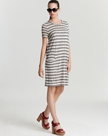 Exude California-cool style in a MARC BY MARC JACOBS stripe dress. Braided trim at the neckline and slit pocket with patch seam detail lend unique detail to this easygoing, go-to silhouette. Exude California-cool style in a MARC BY MARC JACOBS stripe dress. Braided trim at the neckline and slit pocket with patch seam detail lend unique detail to this easygoing, go-to silhouette.