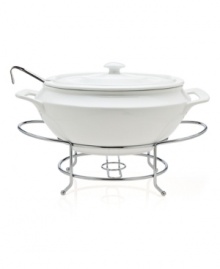 At once elegant and utilitarian, the Cucina soup tureen transitions flawlessly from oven to table and will keep your food piping hot, set in a silvertone metal rack. A must for the consummate host, from Godinger. At once elegant and utilitarian, the Cucina soup tureen transitions flawlessly from oven to table and will keep your food piping hot, set in a silvertone metal rack. A must for the consummate host, from Godinger.