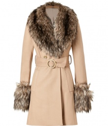 Inject a dramatic edge into your outerwear collection with Rachel Zoes glamorous faux-fur trimmed coat - Faux-fur draped stole attached with a button at nape, oversized notched lapel underneath, buttoned epaulettes, faux fur removable oversized cuffs, double-breasted buttoned front, side slit pockets, belted waistline, kick pleat - Sharply tailored fit - Team with tees, slim fit trousers and chic ankle boots Inject a dramatic edge into your outerwear collection with Rachel Zoes glamorous faux-fur trimmed coat - Faux-fur draped stole attached with a button at nape, oversized notched lapel underneath, buttoned epaulettes, faux fur removable oversized cuffs, double-breasted buttoned front, side slit pockets, belted waistline, kick pleat - Sharply tailored fit - Team with tees, slim fit trousers and chic ankle boots