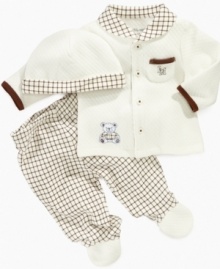 Step up his preppy style with this plaid shirt, footed pant and beanie 3-piece set from Little Me. Step up his preppy style with this plaid shirt, footed pant and beanie 3-piece set from Little Me.