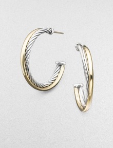 From the Crossover Collection. An arc of sterling silver crisscrosses one of 18k yellow gold in graceful half hoops. Sterling silver and 18k yellow gold Diameter, about 1 Post back From the Crossover Collection. An arc of sterling silver crisscrosses one of 18k yellow gold in graceful half hoops. Sterling silver and 18k yellow gold Diameter, about 1 Post back