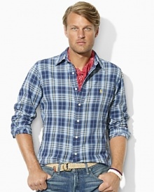 Rendered in soft, lightweight cotton twill, a classic-fitting shirt channels rugged appeal in a handsome plaid pattern. Rendered in soft, lightweight cotton twill, a classic-fitting shirt channels rugged appeal in a handsome plaid pattern.