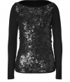 Ultra modern with cool oversized leather sequins, Plein Suds embellished top lends an edge of urbane glamour to your outfit - Boat-neckline, long sleeves, oversized black sequined front - Fitted - Wear with slim-fit trousers, edgy ankle boots and a sleek leather clutch