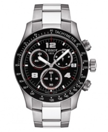 Make time fly. This multifunctional Tissot watch features a stainless steel bracelet and round case. Black chronograph dial with logo, date window, three subdials, silvertone stick indices and numerals at four o'clock, eight o'clock and twelve o'clock. Quartz movement. Water resistant to 100 meters. Two-year limited warranty.