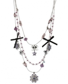 Real star power. This multi-charm illusion necklace from Betsey Johnson is crafted from hematite- and silver-tone mixed metal with black grosgrain ribbon bows providing a classic feel. Glass pearls and crystal accents add the luster. Approximate length: 16 inches + 3-inch extender. Approximate drop: 3-1/2 inches. Real star power. This multi-charm illusion necklace from Betsey Johnson is crafted from hematite- and silver-tone mixed metal with black grosgrain ribbon bows providing a classic feel. Glass pearls and crystal accents add the luster. Approximate length: 16 inches + 3-inch extender. Approximate drop: 3-1/2 inches.