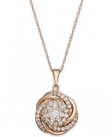 Swirls of pave-set perfection adorn Wrapped in Love's™ stunning knot pendant. Crafted in 14k rose gold with an array of round-cut diamonds (3/4 ct. t.w.). Approximate length: 18 inches. Approximate drop: 1/2 inch. Swirls of pave-set perfection adorn Wrapped in Love's™ stunning knot pendant. Crafted in 14k rose gold with an array of round-cut diamonds (3/4 ct. t.w.). Approximate length: 18 inches. Approximate drop: 1/2 inch.