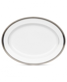An instant classic, the Austin Platinum oval platter from Noritake layers ribbons of black, patterned platinum bands and shimmering dots in white fine china. An instant classic, the Austin Platinum oval platter from Noritake layers ribbons of black, patterned platinum bands and shimmering dots in white fine china.