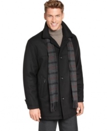 Polish up your cold-weather look with the warm convenience of this London Fog wool-blend jacket, complete with an attached plaid scarf. Polish up your cold-weather look with the warm convenience of this London Fog wool-blend jacket, complete with an attached plaid scarf.