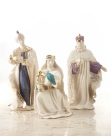 The three kings of the nativity story will make a graceful addition to your mantel or end table this holiday season, in fine ivory china with hand-painted enamel and 24-karat gold accents. Balthazar: measures 8-1/2 high. Melchior: measures 5-1/2 high. Gaspar: measures 8-1/4 high. The three kings of the nativity story will make a graceful addition to your mantel or end table this holiday season, in fine ivory china with hand-painted enamel and 24-karat gold accents. Balthazar: measures 8-1/2 high. Melchior: measures 5-1/2 high. Gaspar: measures 8-1/4 high.