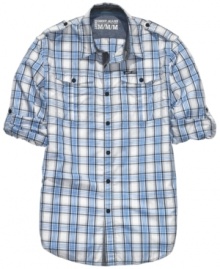 You'll be on a good style roll with this plaid workshirt with roll-tab sleeves from DKNY. You'll be on a good style roll with this plaid workshirt with roll-tab sleeves from DKNY.