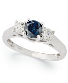 A stunning 3-stone ring with an extra touch of color. This exquisite design incorporates round-cut white diamonds (3/8 ct. t.w.) and a blue diamond (5/8 ct. t.w.) in 14k white gold. A stunning 3-stone ring with an extra touch of color. This exquisite design incorporates round-cut white diamonds (3/8 ct. t.w.) and a blue diamond (5/8 ct. t.w.) in 14k white gold.